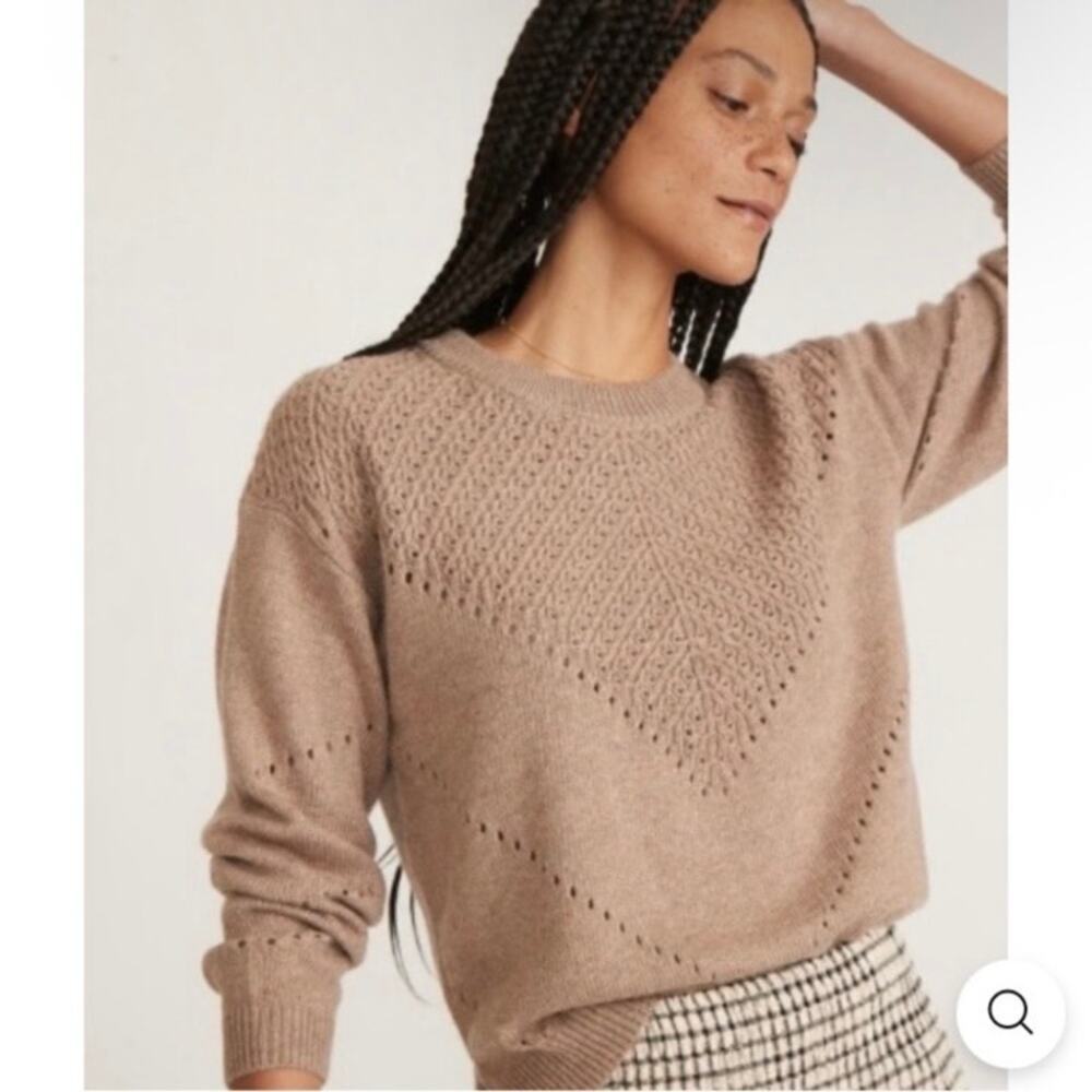 Marine Layer Sz XS Olivia Crewneck Pointelle Knit Sweater Boxy Fit Tan-Brown